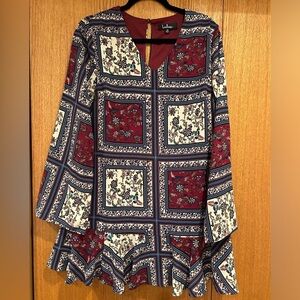 LULUS M Dress Swing Patchwork Boho Flutter Bottom & Wide Sleeves Red Blue